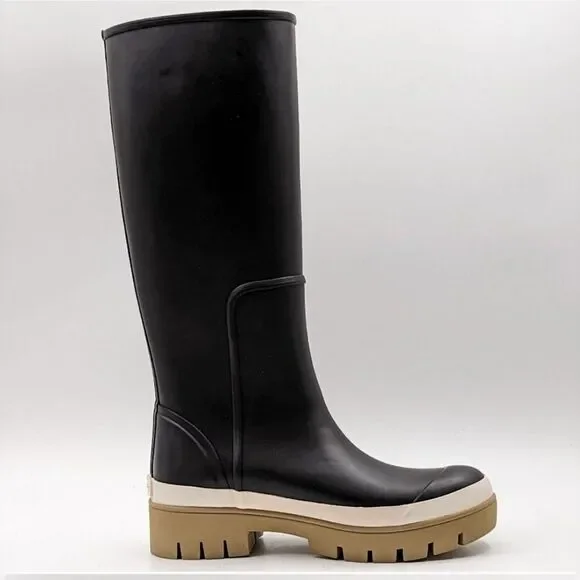 Tory Burch Hurricane Tall Lug Boot Perfect Black Rubber Boot Size 9 NEW